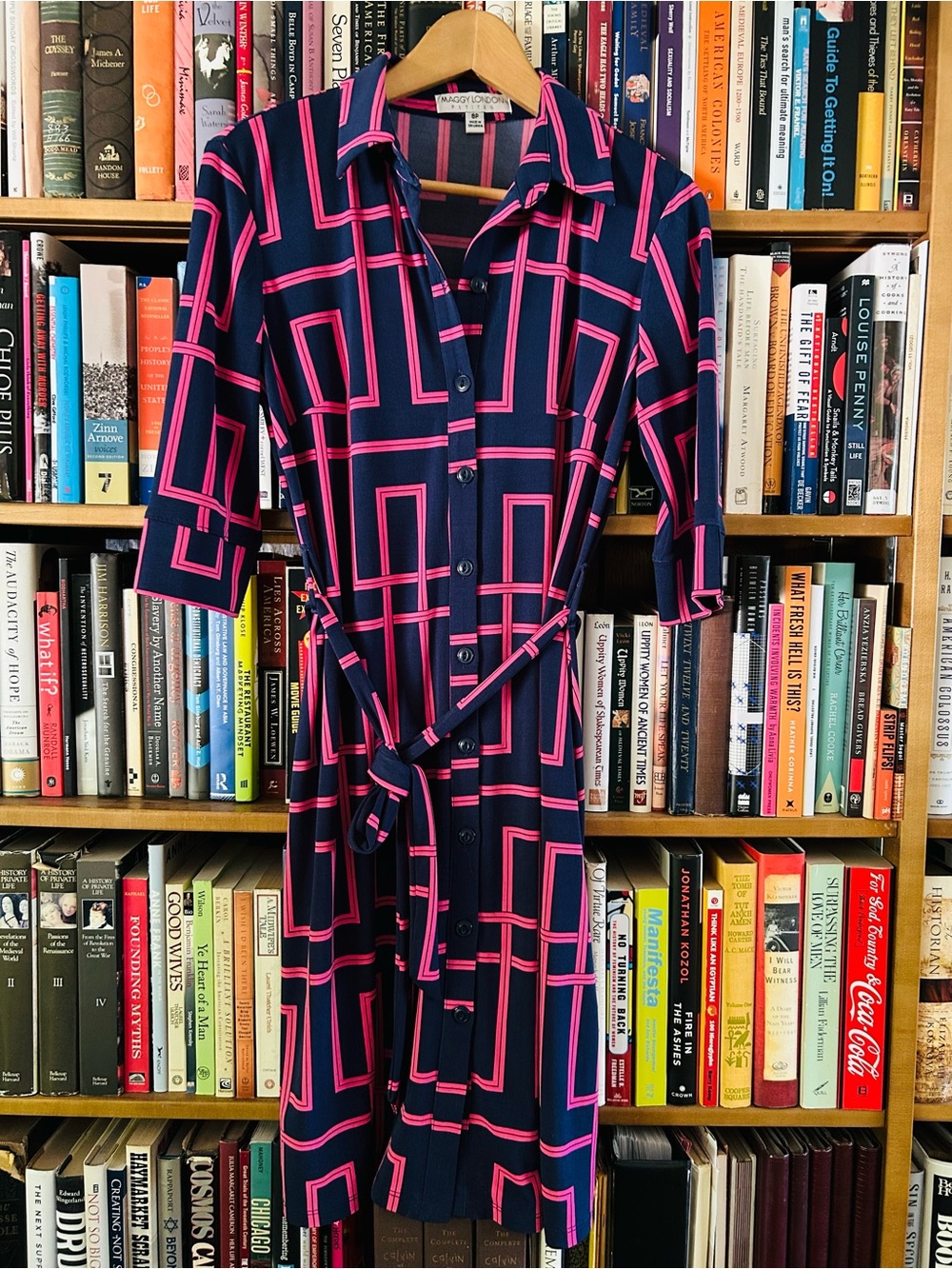 Maggy London Navy Blue Hot Pink Geometric Half Sleeve Belted Shirt Dress size 8P